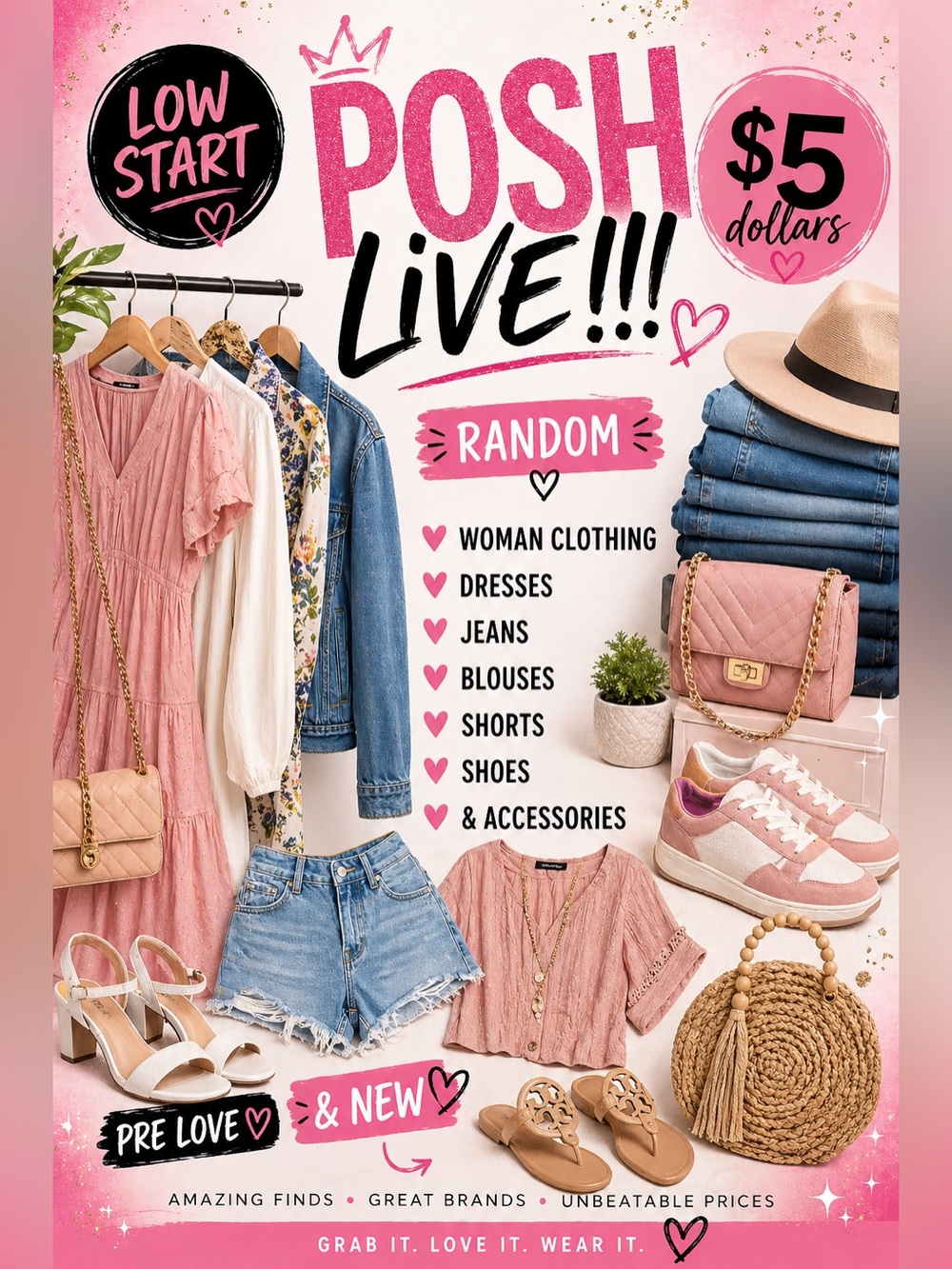 Posh Live Show May 6th low starts $5 dollars woman clothing clear out Closet